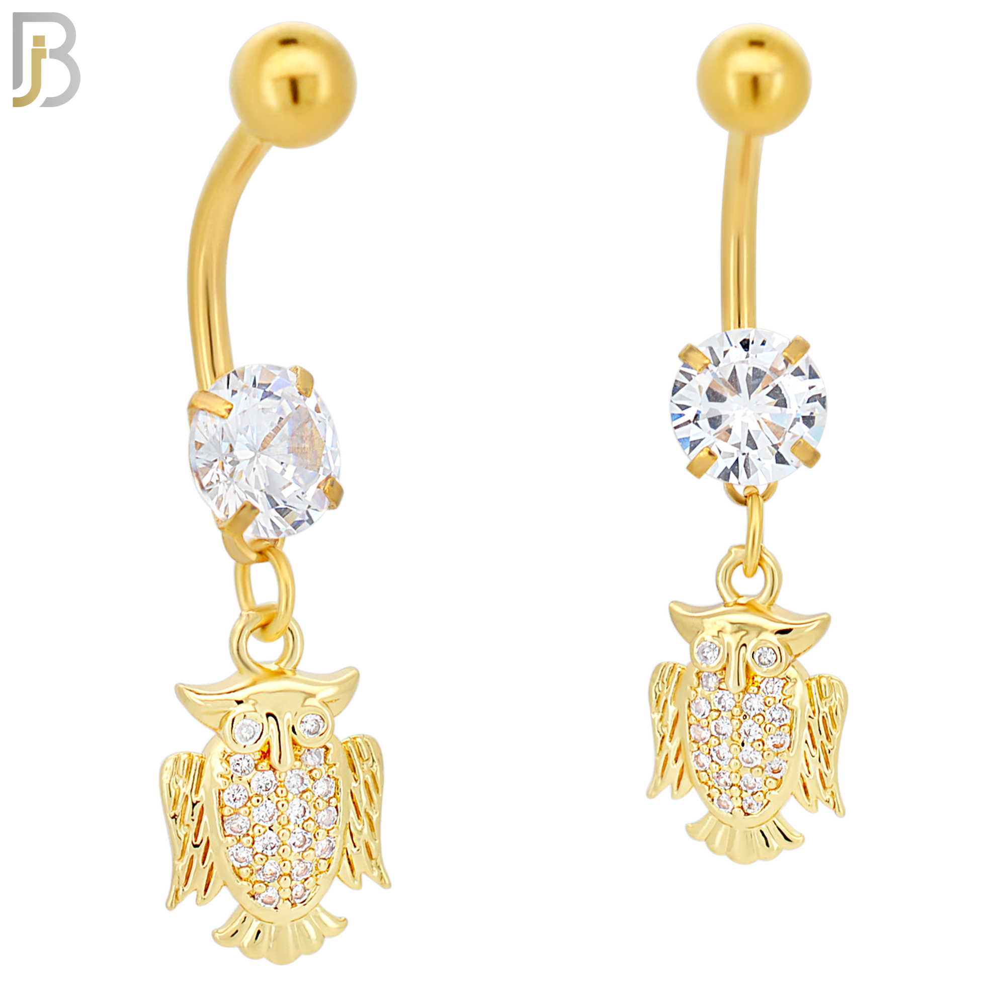 N089  - 316L Stainless Steel Dangling Owl with CZ Belly Ring image 2