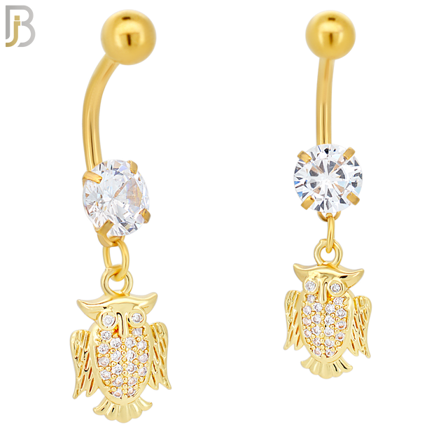 N089  - 316L Stainless Steel Dangling Owl with CZ Belly Ring image 2