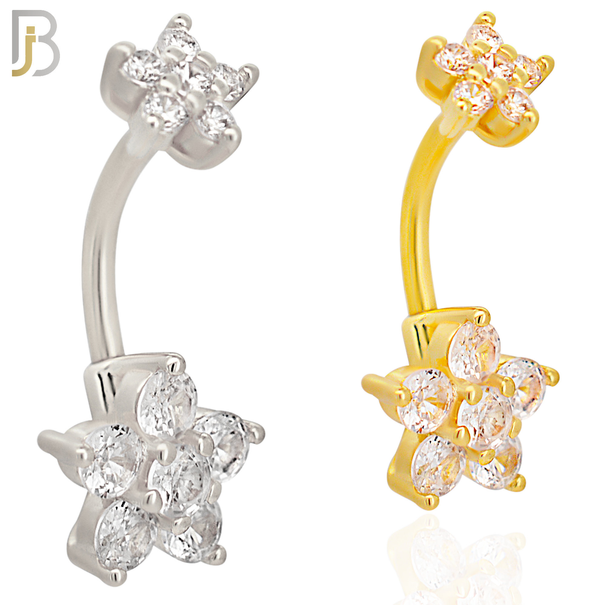 NB71 -  316L Stainless Steel Banana Belly Ring with Double Flower Cubic Zirconia image 0