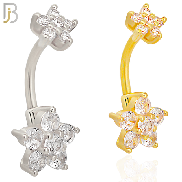 NB71 -  316L Stainless Steel Banana Belly Ring with Double Flower Cubic Zirconia image 0