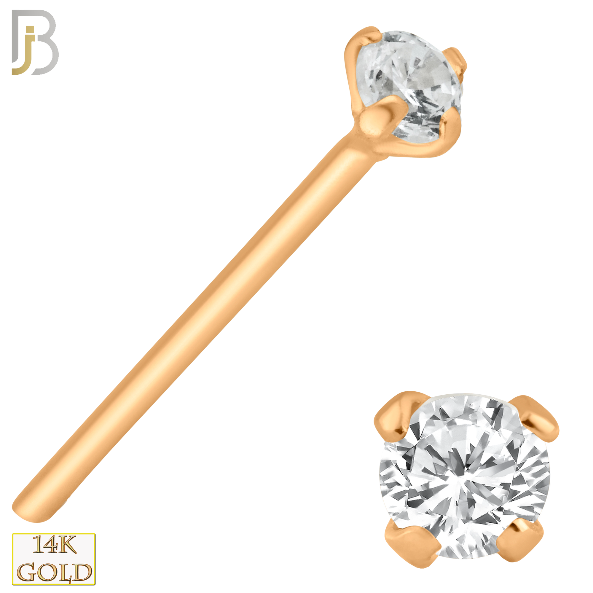 14-NR02CR-20 -  20g14k Solid Rose Gold Prong Setting  Round Cubic Zirconia Nose Stud Bend-it Yourself, Nose Straight  image 2