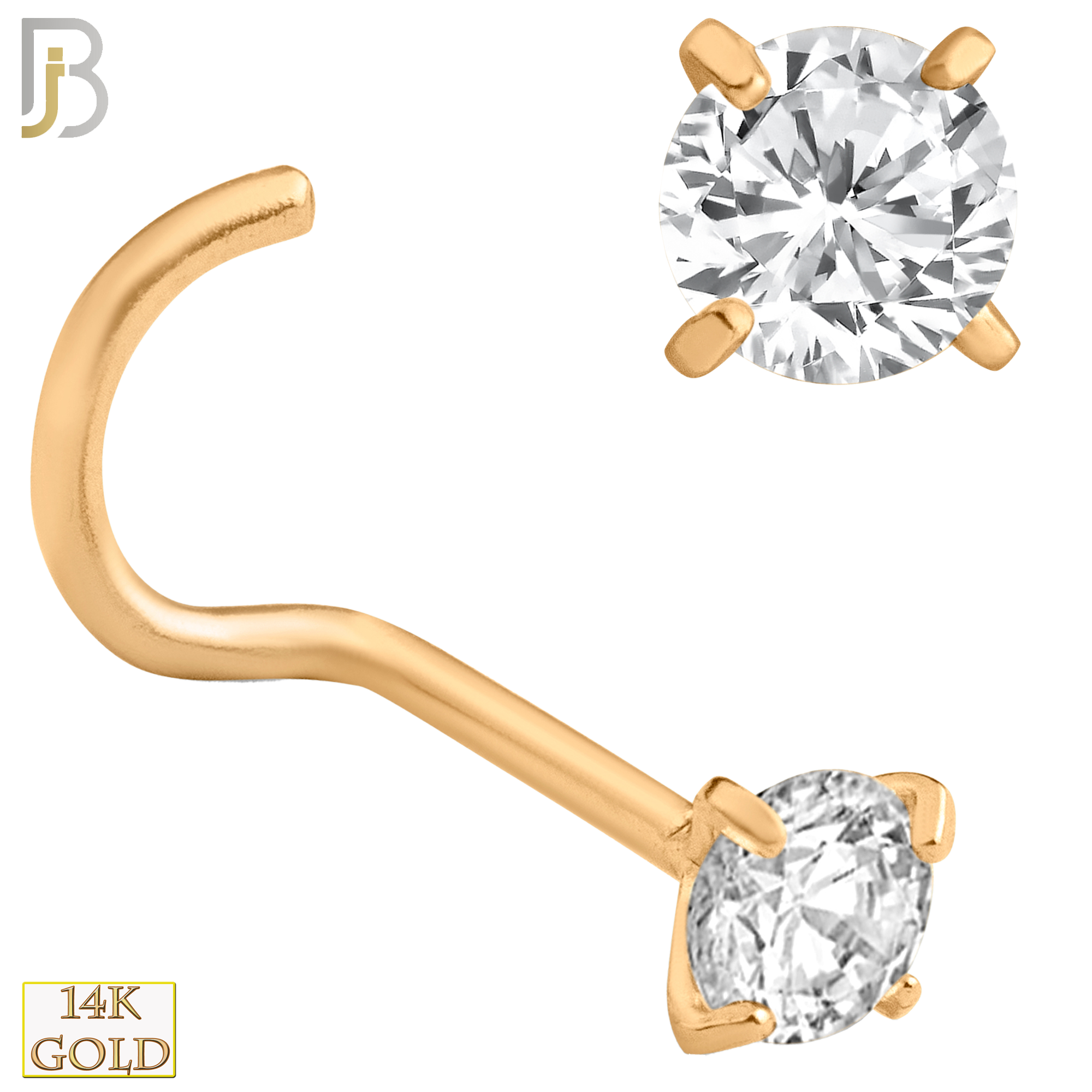 14-NR03CR-22 - 14k Solid Rose Gold 22g Prong Setting  Round Cubic Zircona Nose Screw, Cork Screw image 5
