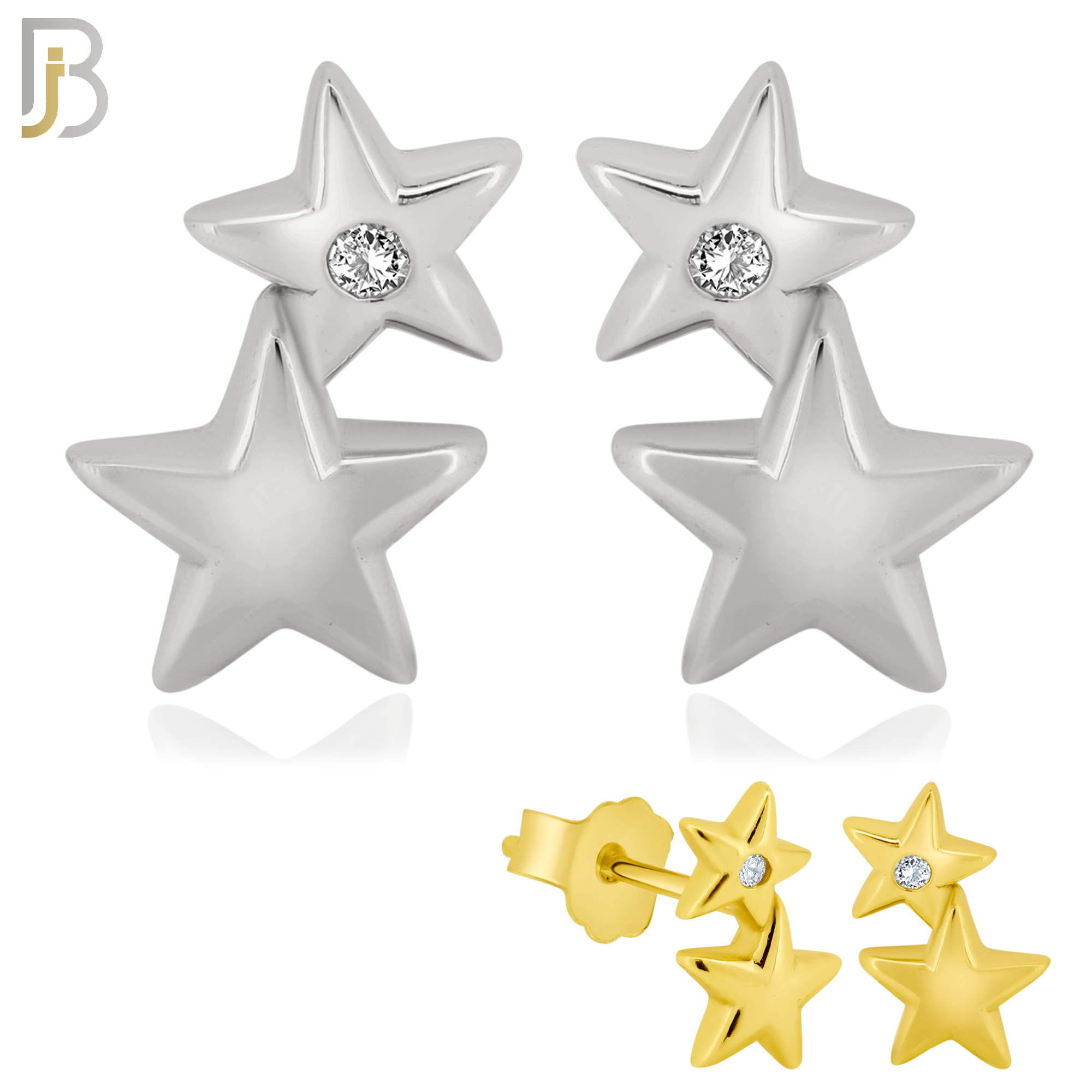 925-ES35 - .925 Sterling Silver 4x7mm Double Star Zircon Earring Stud image 0