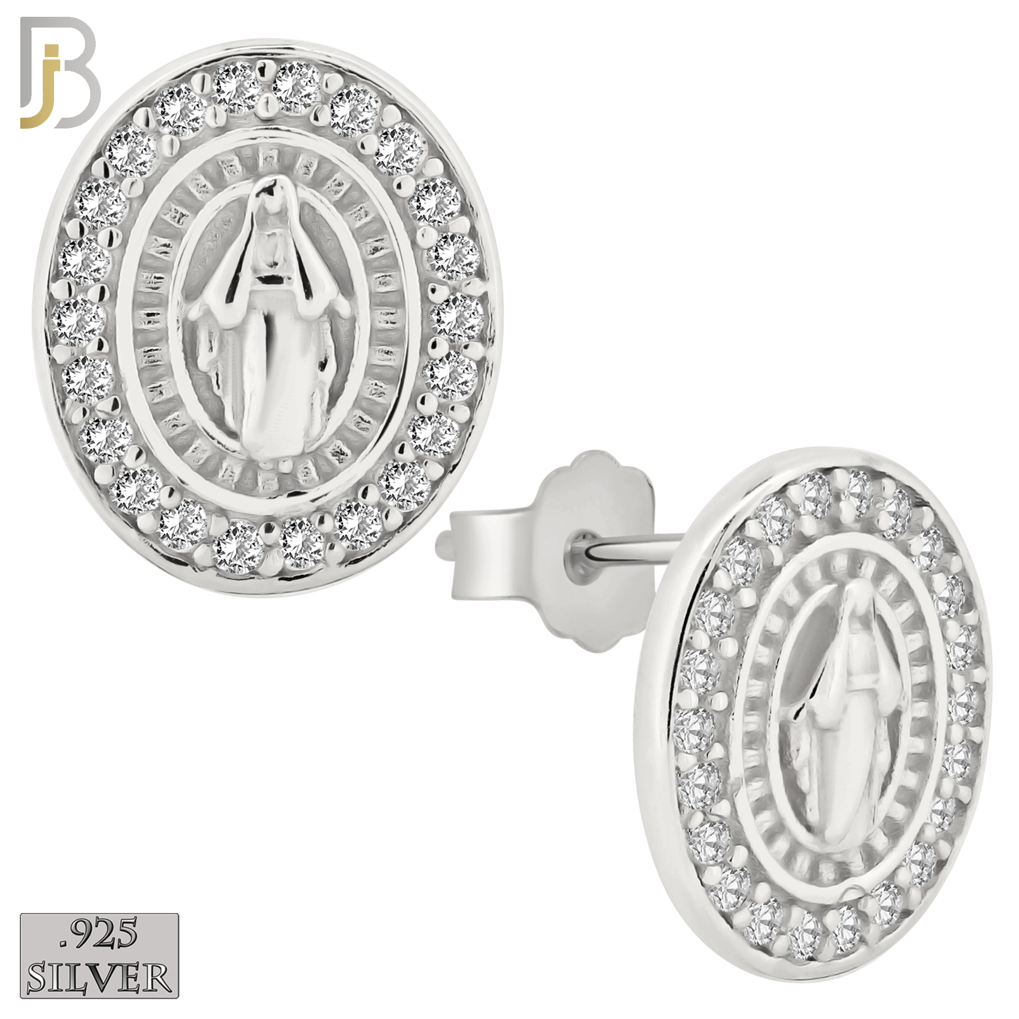 925-ES267 - .925 Sterling Silver Oval Shape Virgin Mary with Clear Zircon Design Earrings Stud image 1