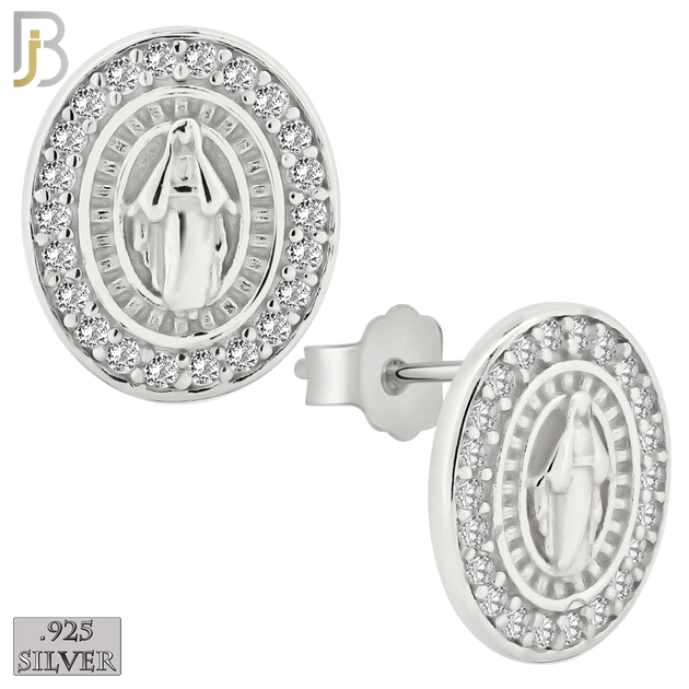 925-ES267 - .925 Sterling Silver Oval Shape Virgin Mary with Clear Zircon Design Earrings Stud image 1
