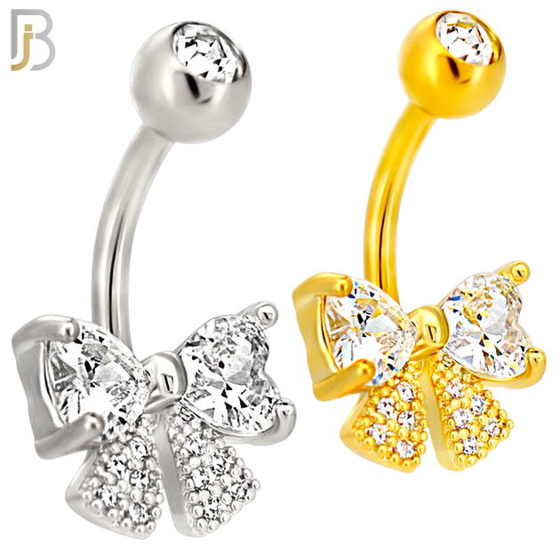 NB114 - 316L Surgical Steel Ribbon with Heart CZ for Both Upper Knots Belly Ring image 0