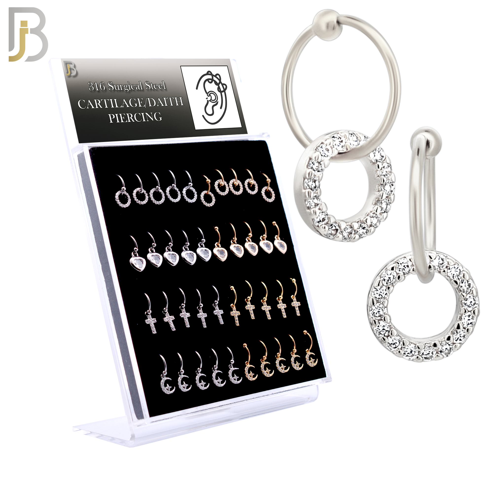 PK-HX02M - 316L Surgical Steel Different Dangling  Designs Helix Hoop Piercing with CZ Pack of 40 image 0