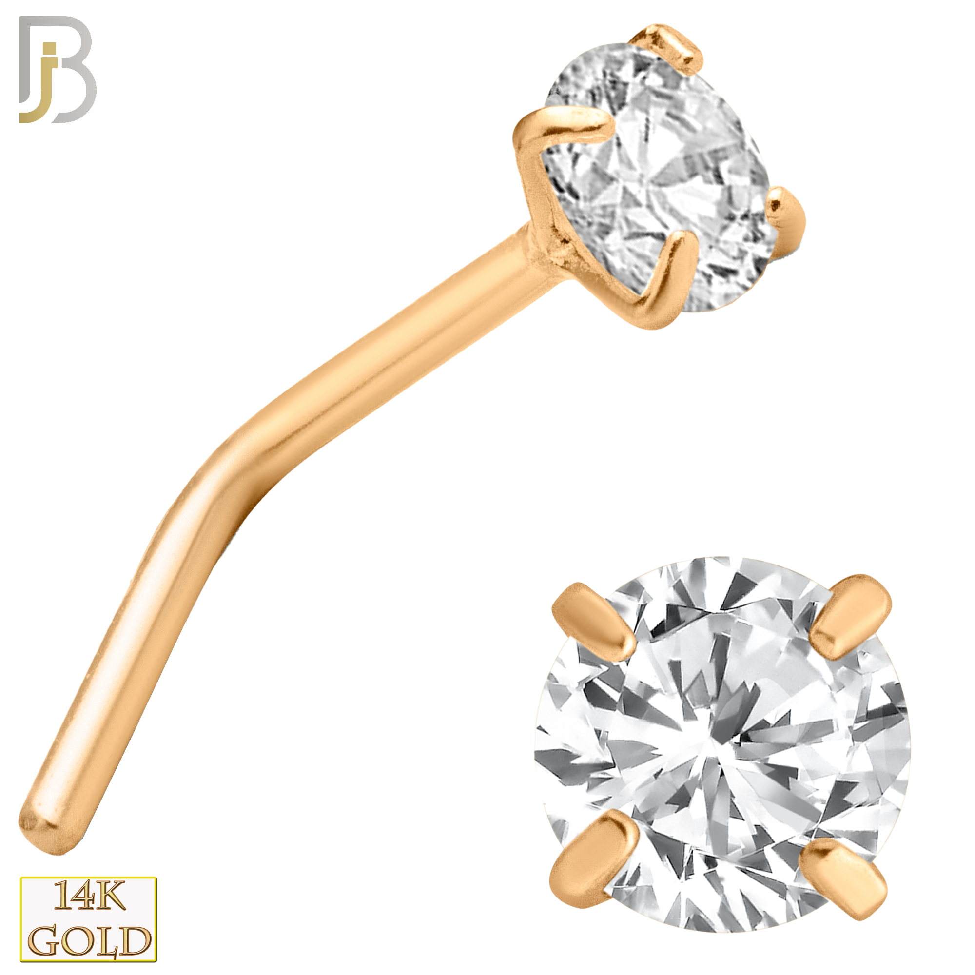 14-NR10CR-22 - 14k Solid Rose Gold 22g Prong Setting  Round Cubic Zircona L-Shape - 3mm image