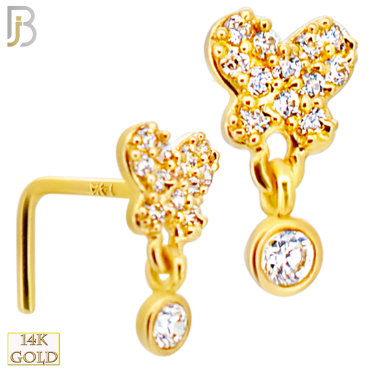 14-NR110L- 14k Gold Solid Studded Butterfly with Dangling CZ in Bezel Setting L-Shape image 0