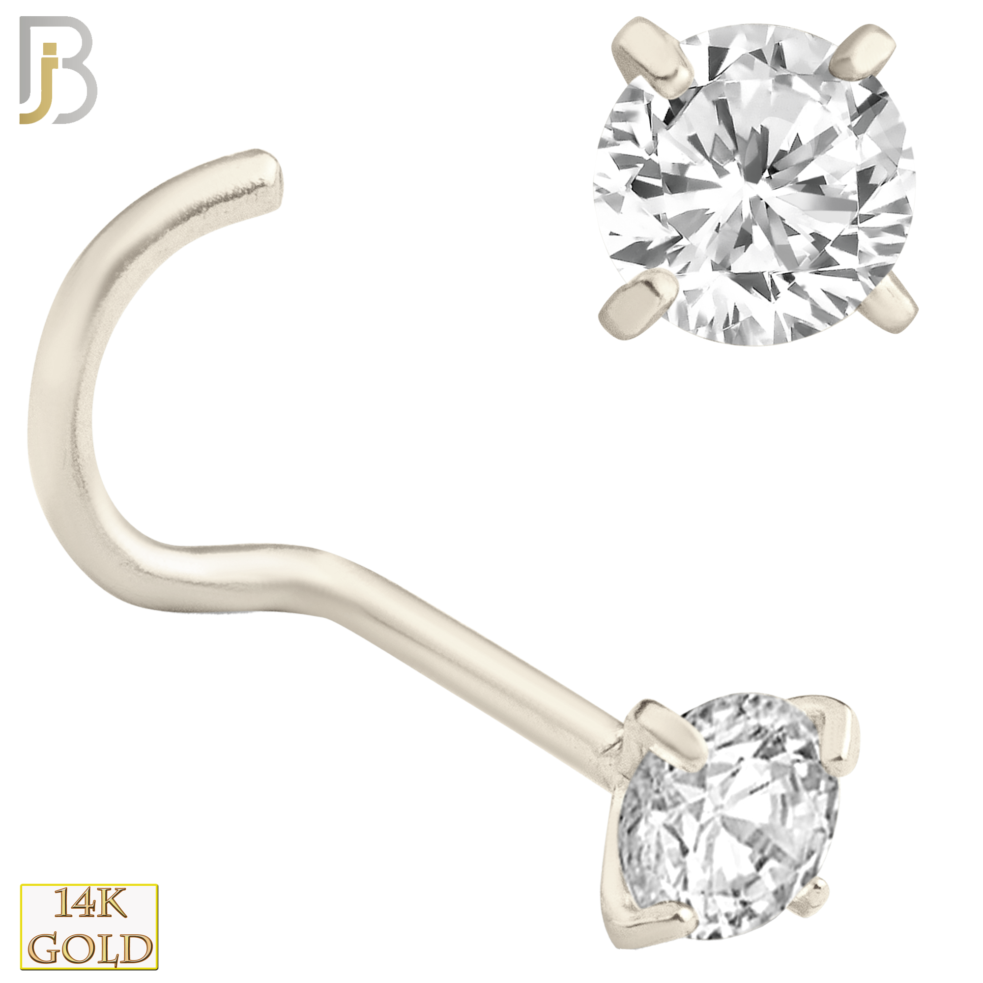 14-NR03CW-20 - 20g Thickness 14k Solid White Gold Prong Setting  Round Cubic Zircona Nose Screw, Cork Screw image 5