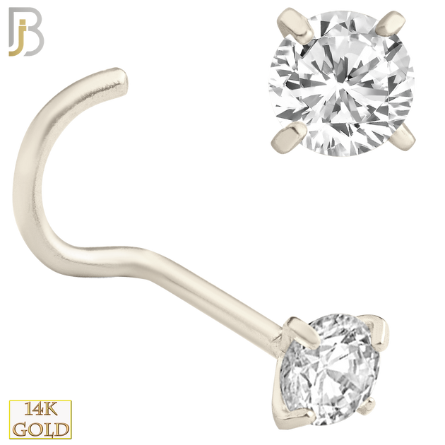 14-NR03CW-20 - 20g Thickness 14k Solid White Gold Prong Setting  Round Cubic Zircona Nose Screw, Cork Screw image 5