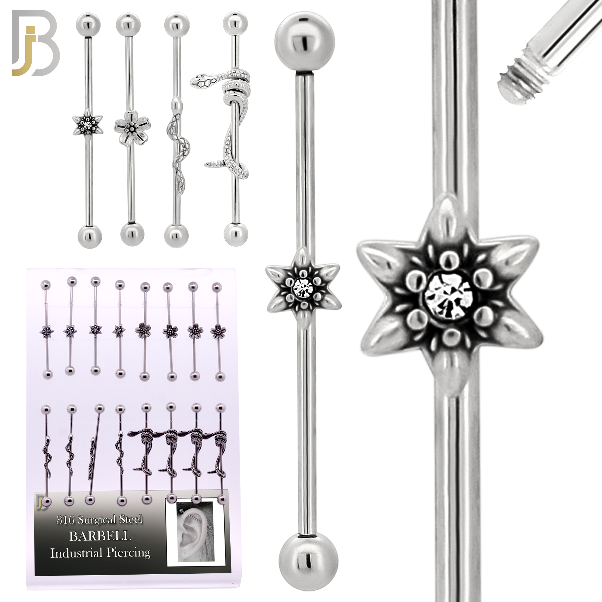 PK-BB58S - 316L Surgical Steel Screw Bar with Four Design Barbell Industrial  Pack of 16 pcs image 1