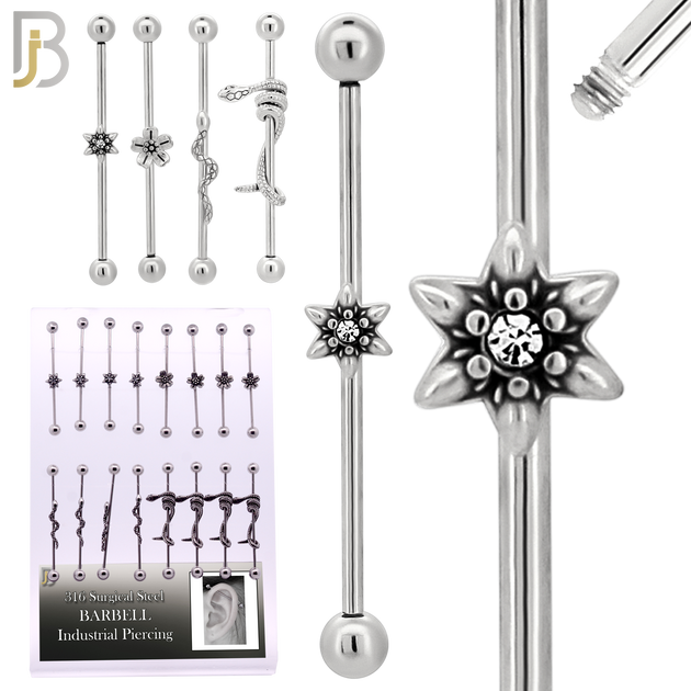 PK-BB58S - 316L Surgical Steel Screw Bar with Four Design Barbell Industrial  Pack of 16 pcs image 1