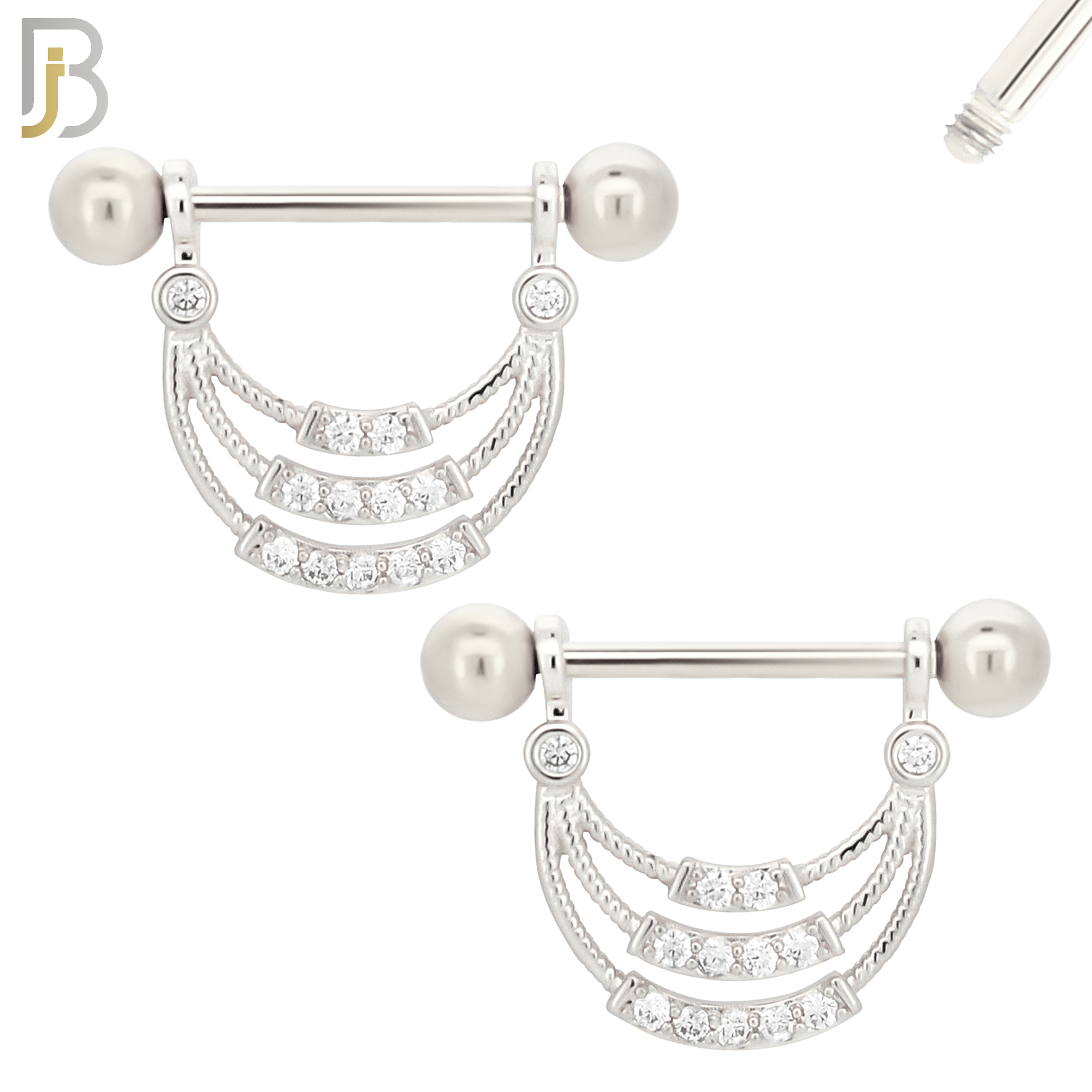 NP27 - 316L Surgical Steel Screw Bar with 3 Layer Curve with Zircon Design Pair image 1