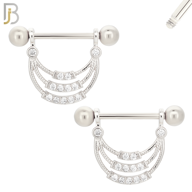 NP27 - 316L Surgical Steel Screw Bar with 3 Layer Curve with Zircon Design Pair image 1