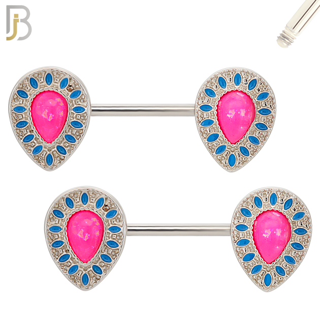 NP11 - 316L Surgical Steel Screw Teardrop Opal with Oval Enamel Nipple Ring Piercing image