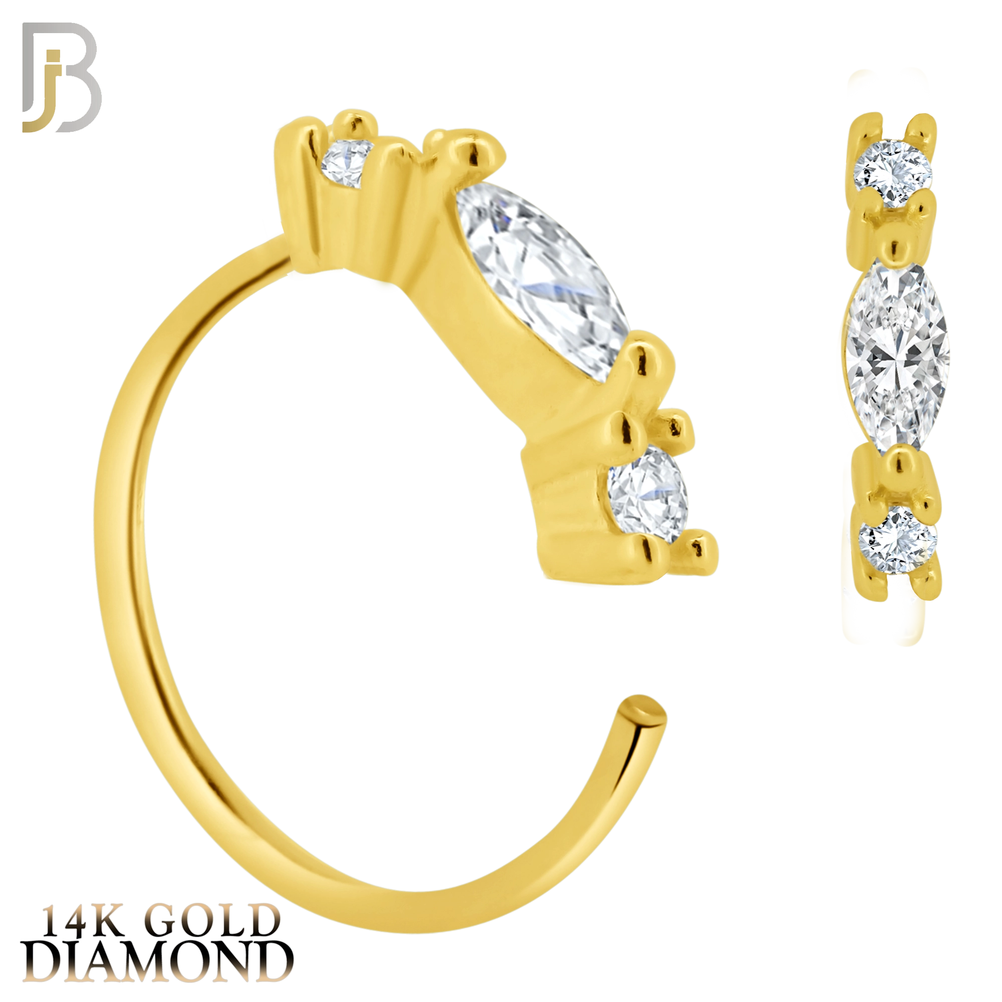 14-CT114D- 14K Solid Gold Hoops with GH / VS1 Natural Diamonds Marquise Shaped and 2 Round Side Stones image 0