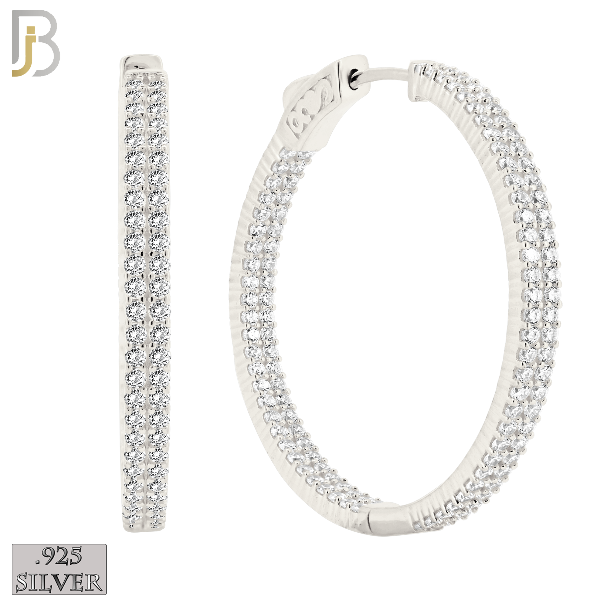 925-ES250 - .925 Sterling Silver Latch Back Hoop Earrings With Two Rows of Zircon image 2