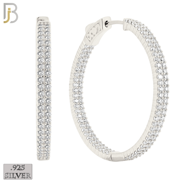 925-ES250 - .925 Sterling Silver Latch Back Hoop Earrings With Two Rows of Zircon image 2