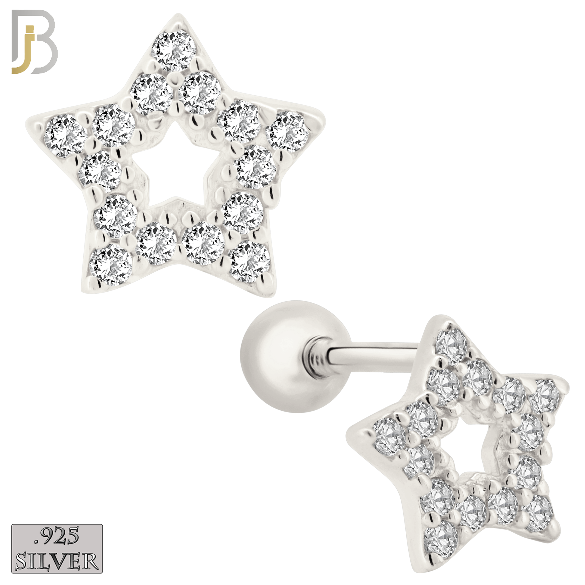 925-ES212 - Screw Ball Back - .925 Sterling Silver Star Earring Stud with Clear Zircon Design image 1