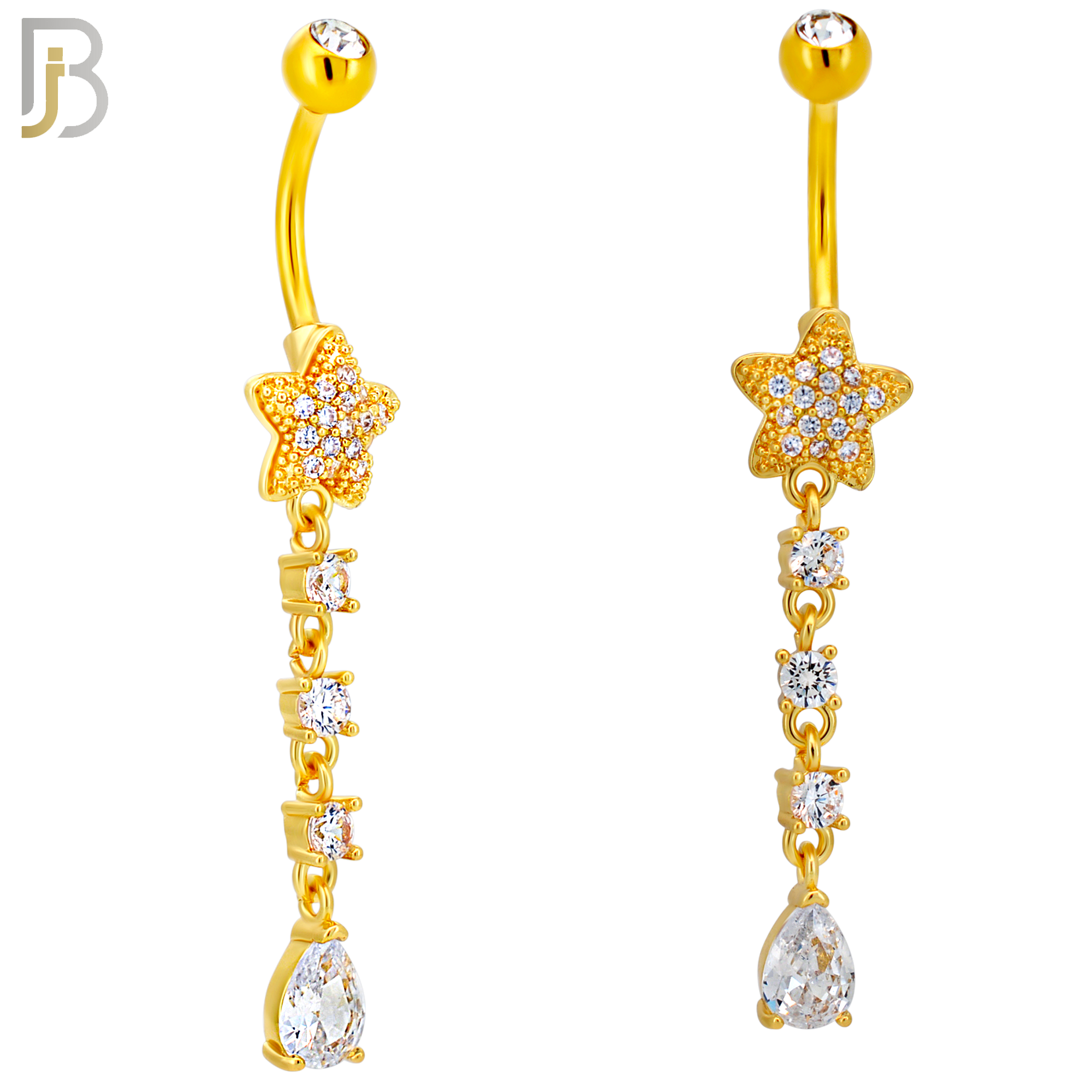 N0150 - 316L Surgical Steel Star CZ Studded Belly Ring with Pear CZ Drop image 3