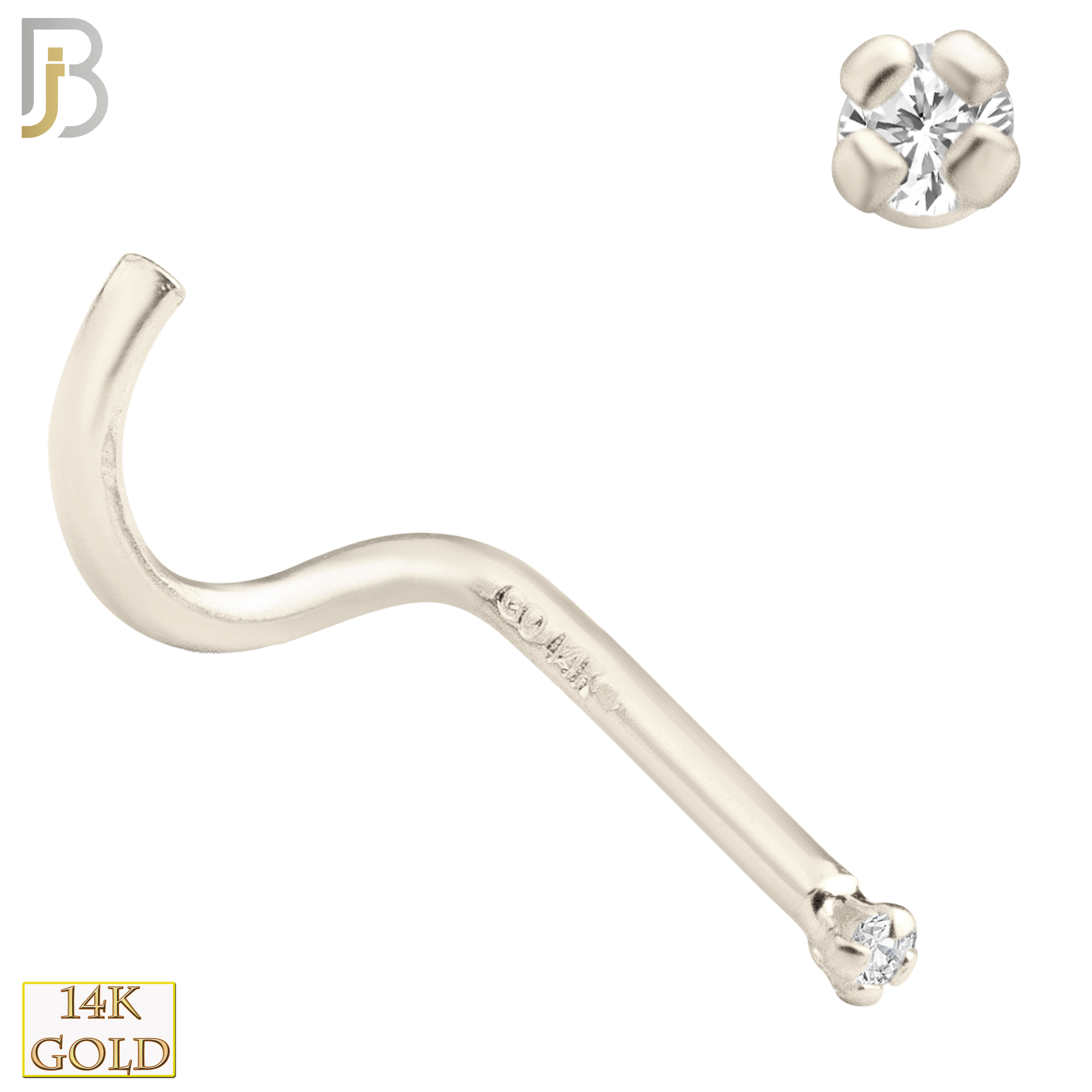 14-NR03CW-22 - 14k Solid White Gold 22g Prong Setting  Round Cubic Zircona Nose Screw, Cork Screw image 1