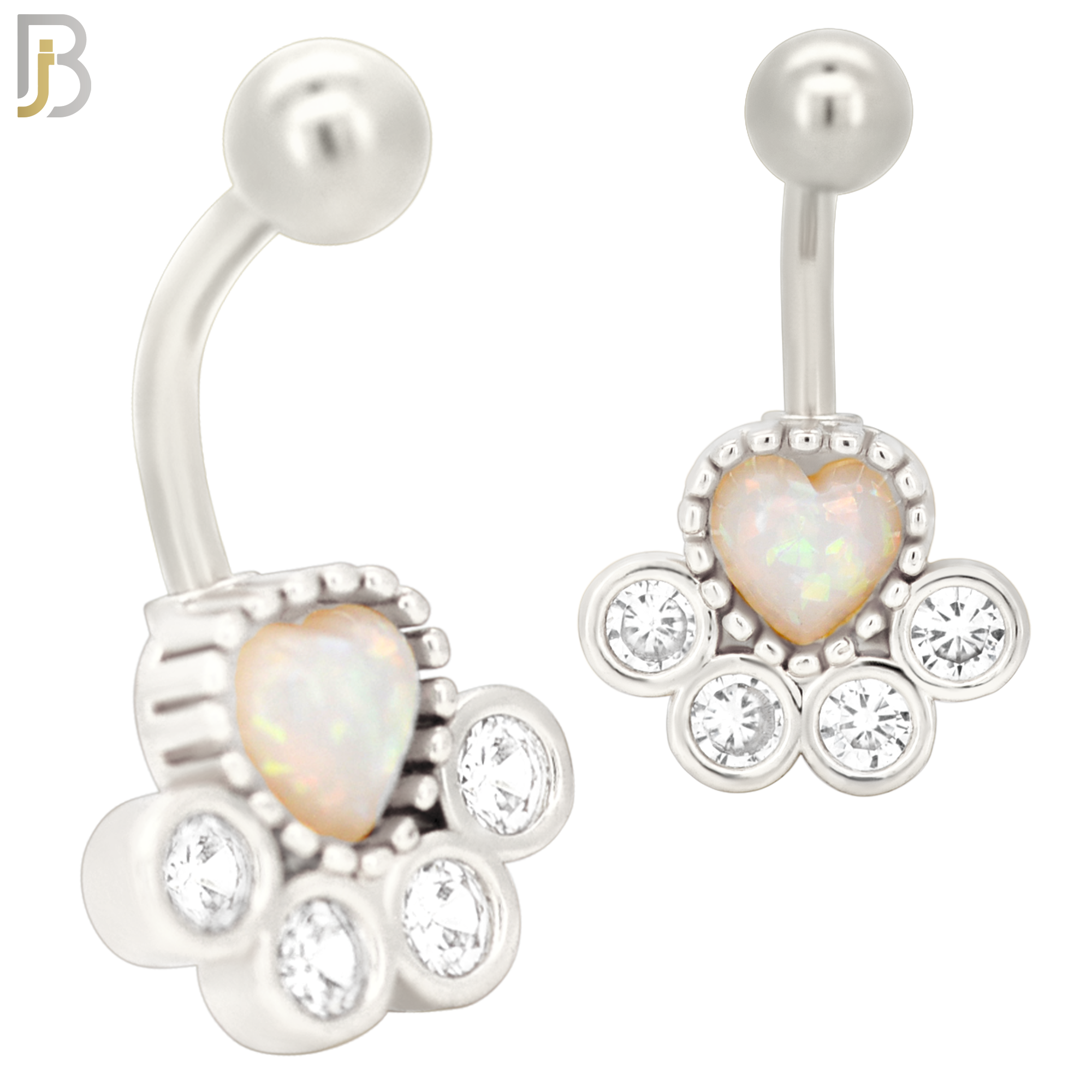 NB32 - 316L Stainless Steel Paw Print Opalite/Zircon Banana Belly Navel Ring image 2