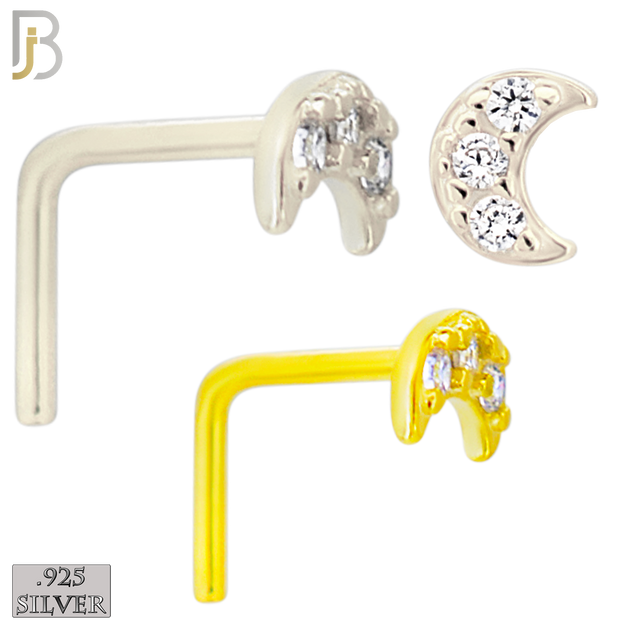 925-NR26LGSC- 925 Sterling Silver Crescent Moon with CZ L Shape Nose Ring (Pack of 6) - Rhodium Plated and Yellow Gold Plated image