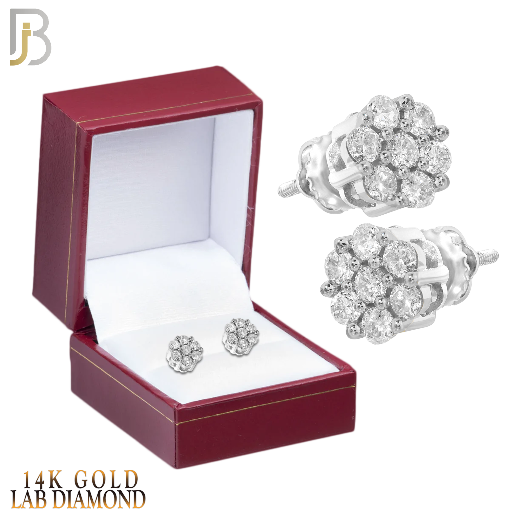 14-ES103LW - 14K White Gold Screw Back Round Flower Design Stud Earrings with LAB Diamonds image 1