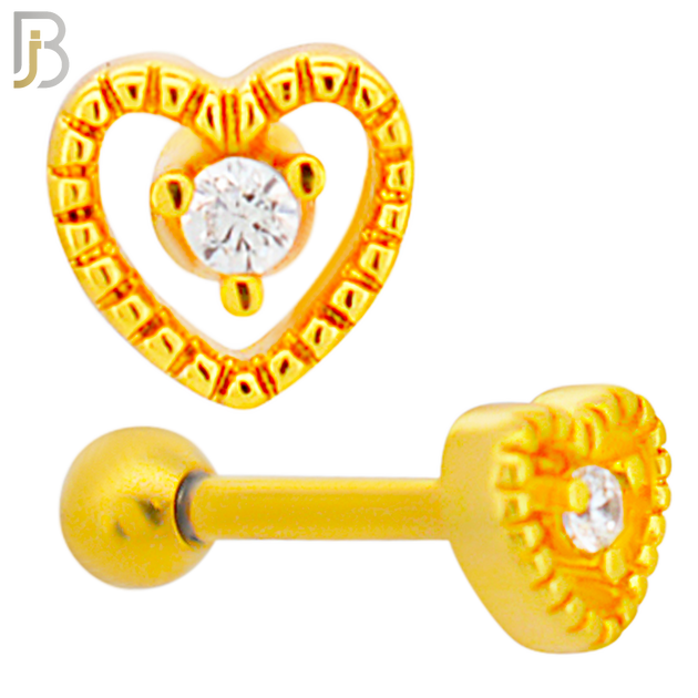 TB43 - 316L Stainless Steel and Brass Hollow Heart with Zircon Center Design Tragus Barbell Cartilage Piercing Screw Ball (PACK OF 6) image 2