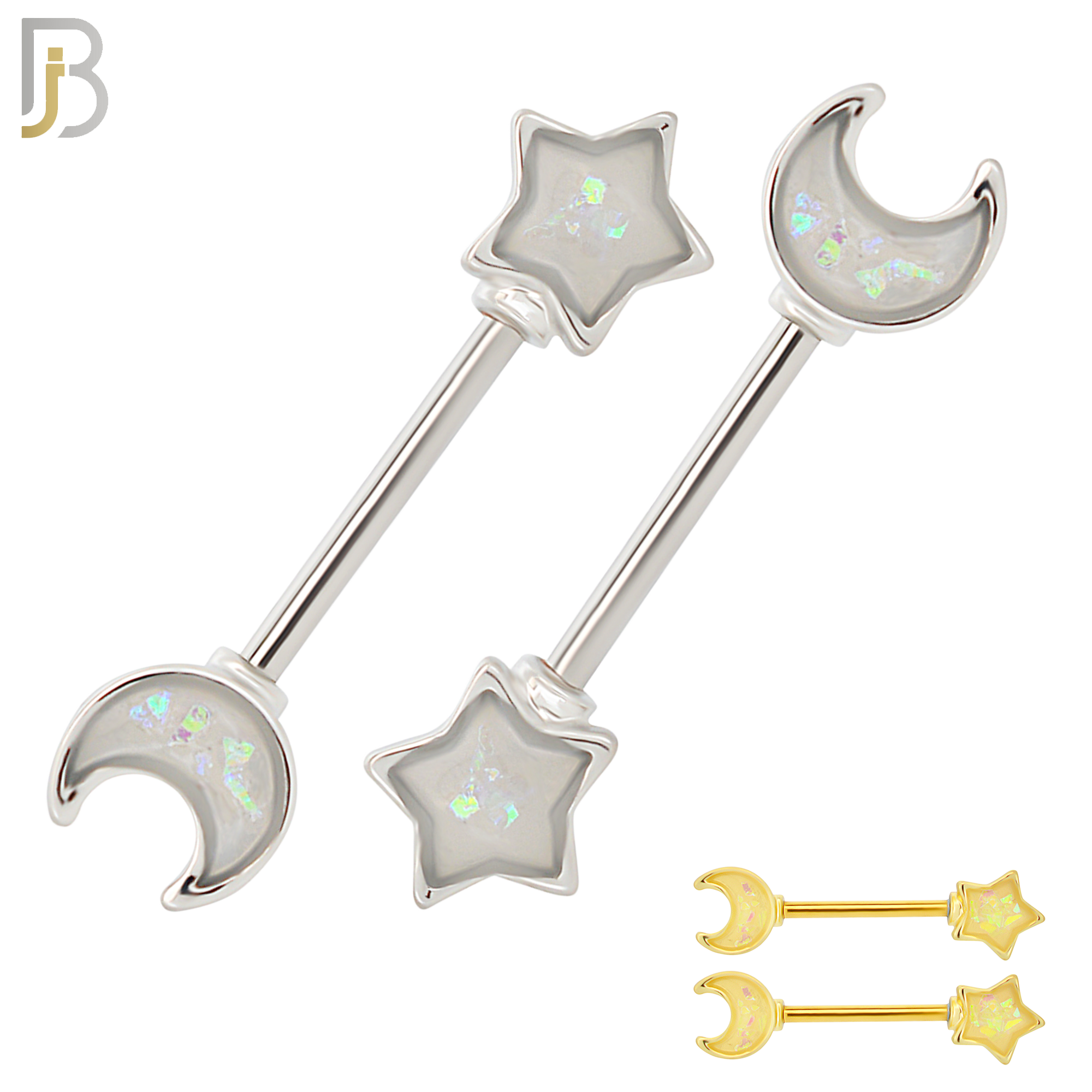 NP55 - 316L Surgical Steel Star and Moon Design Opalite Nipple Rings Pair image 0