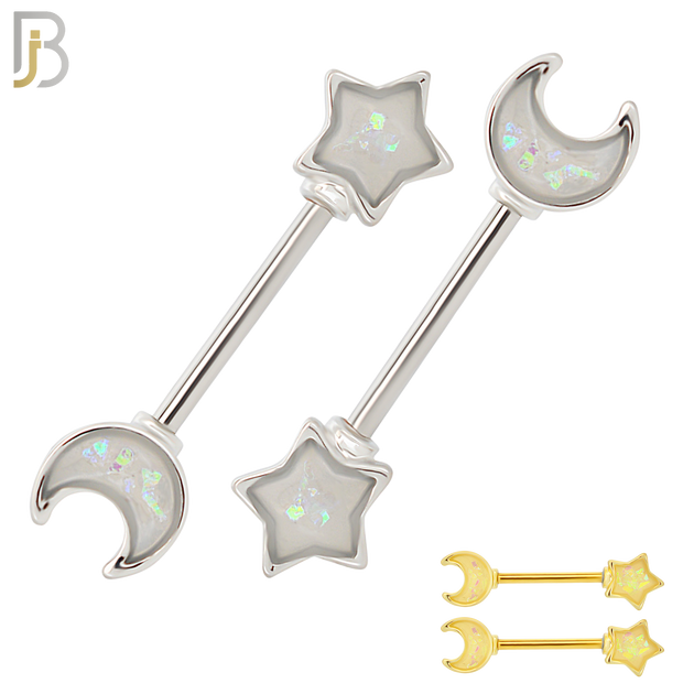 NP55 - 316L Surgical Steel Star and Moon Design Opalite Nipple Rings Pair image 0