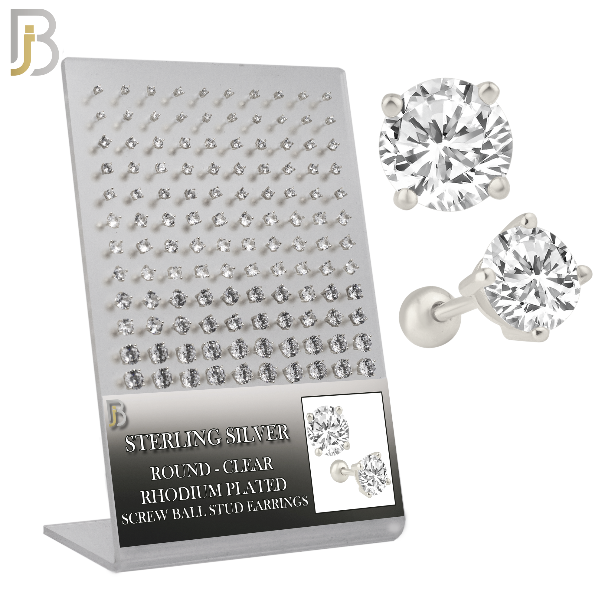 925-PK-ES311-SC - .925 Sterling Silver Earring Stud with Screw Ball Backing, Casting Prong Setting and Round Clear Zircon - Rhodium Plated image