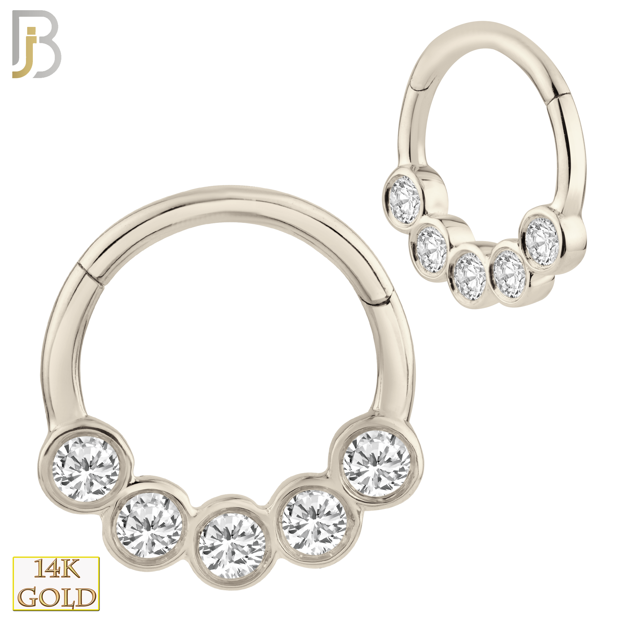 14-CT63 - 14K Solid Gold Hinged Hoops Five Zircon in Bezel Setting image 1