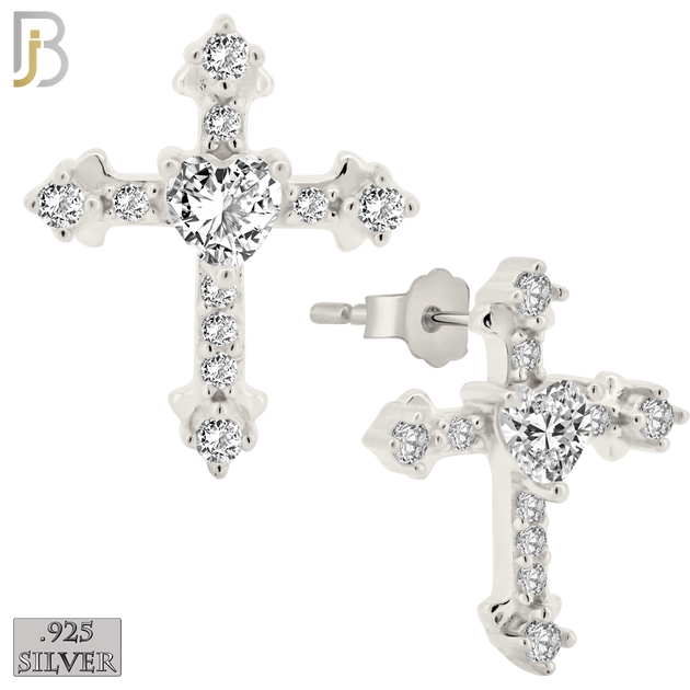 925-ES269 - Push Back - .925 Sterling Silver Cross with Prong Set Heart Zircon in the Middle Design Earrings Stud image 1