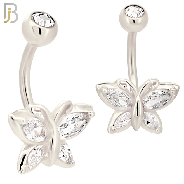 NB69 -  316L Stainless Steel Banana Belly Ring with Butterfly Design Cubic Zirconia image 1