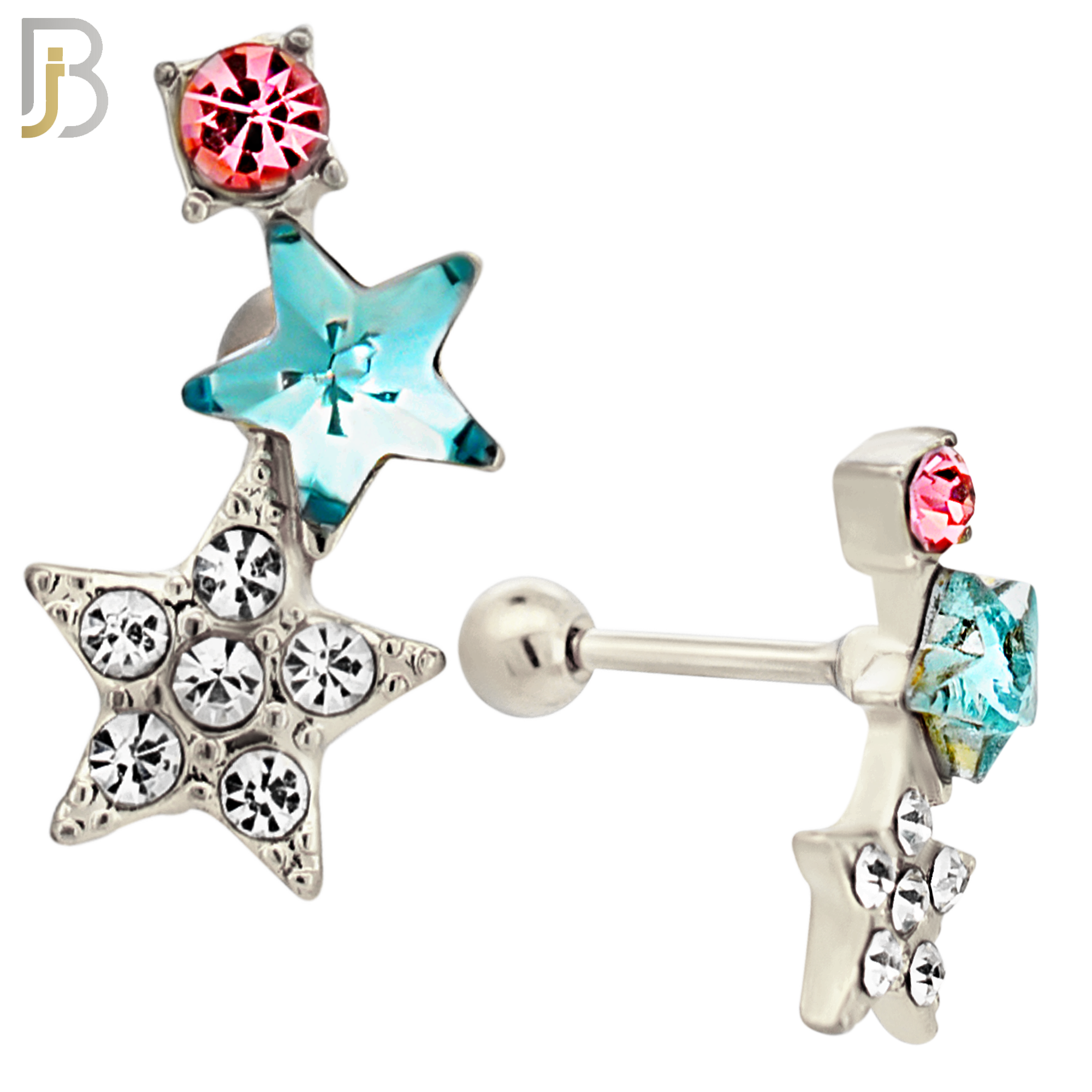 TB124 - 316L Stainless Steel Double Star Tragus/Cartilage Barbell (Pack of 6) image 2