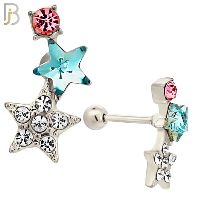 TB124 - 316L Stainless Steel Double Star Tragus/Cartilage Barbell (Pack of 6) image 2