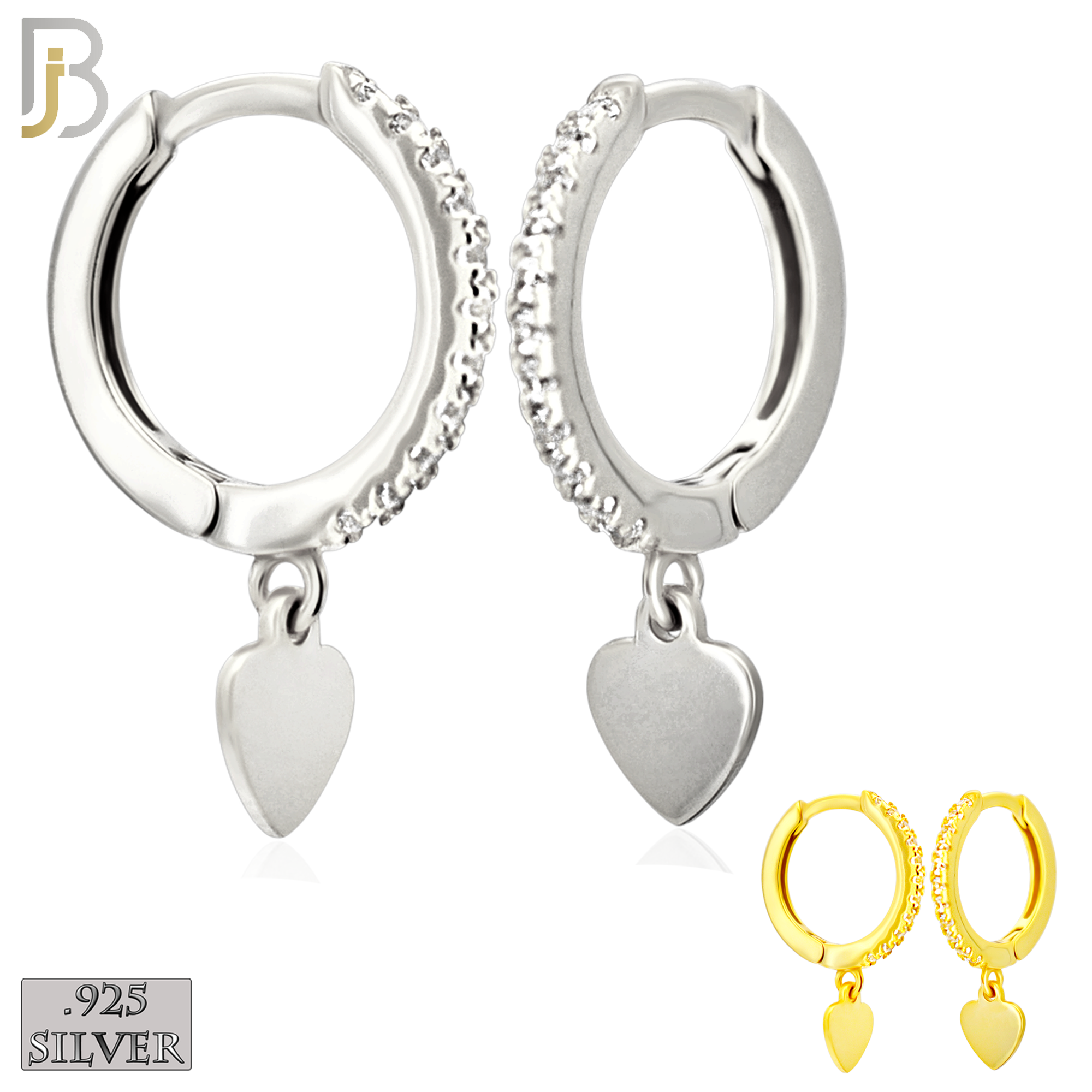 925-ES478 - 925 Sterling Silver Dangling Plain Heart CZ Studded Hoop Earrings image 0