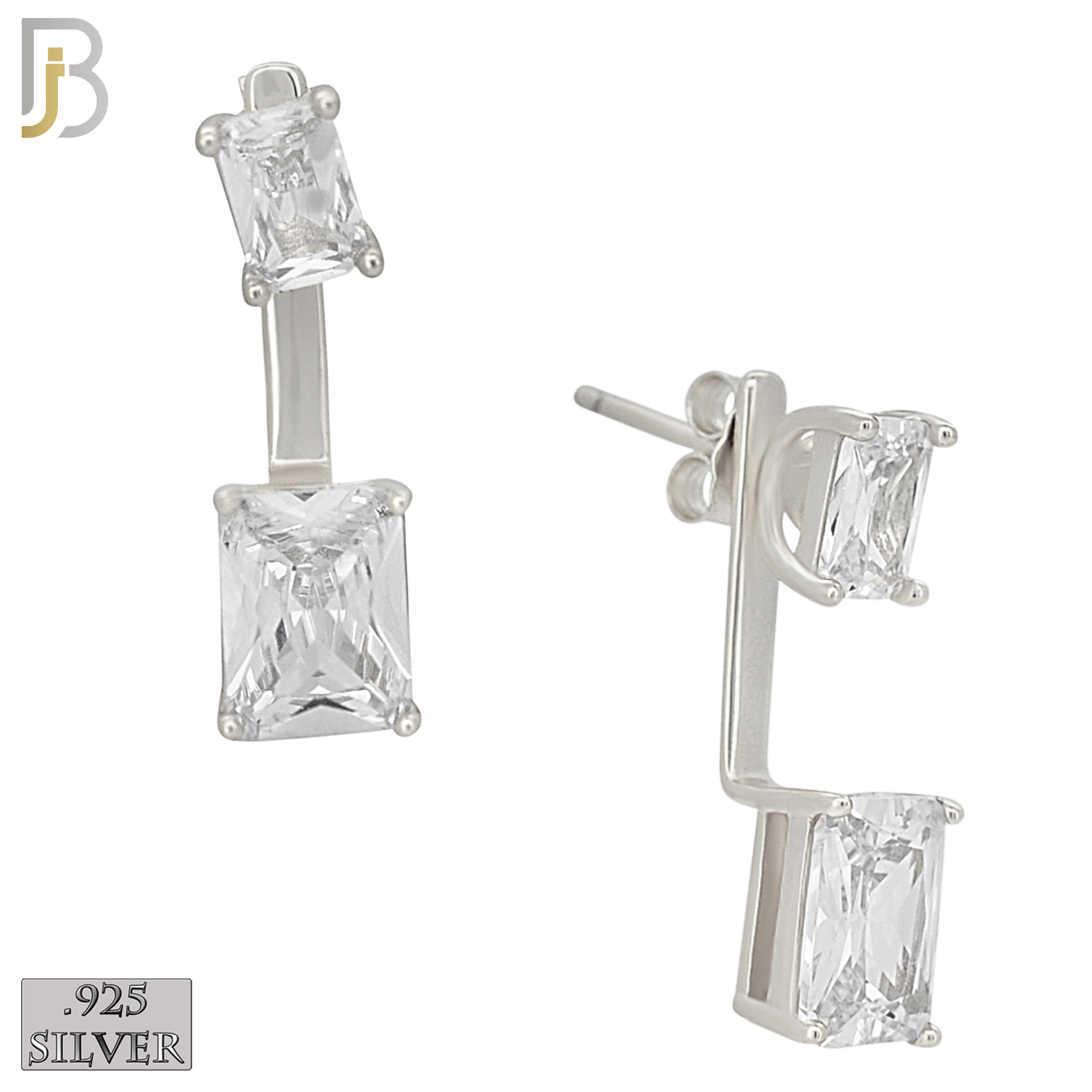 925-ES485 - 925 Sterling Silver Double Rectangle CZ in Prong Set Push Back L-Dangle Earring image 0