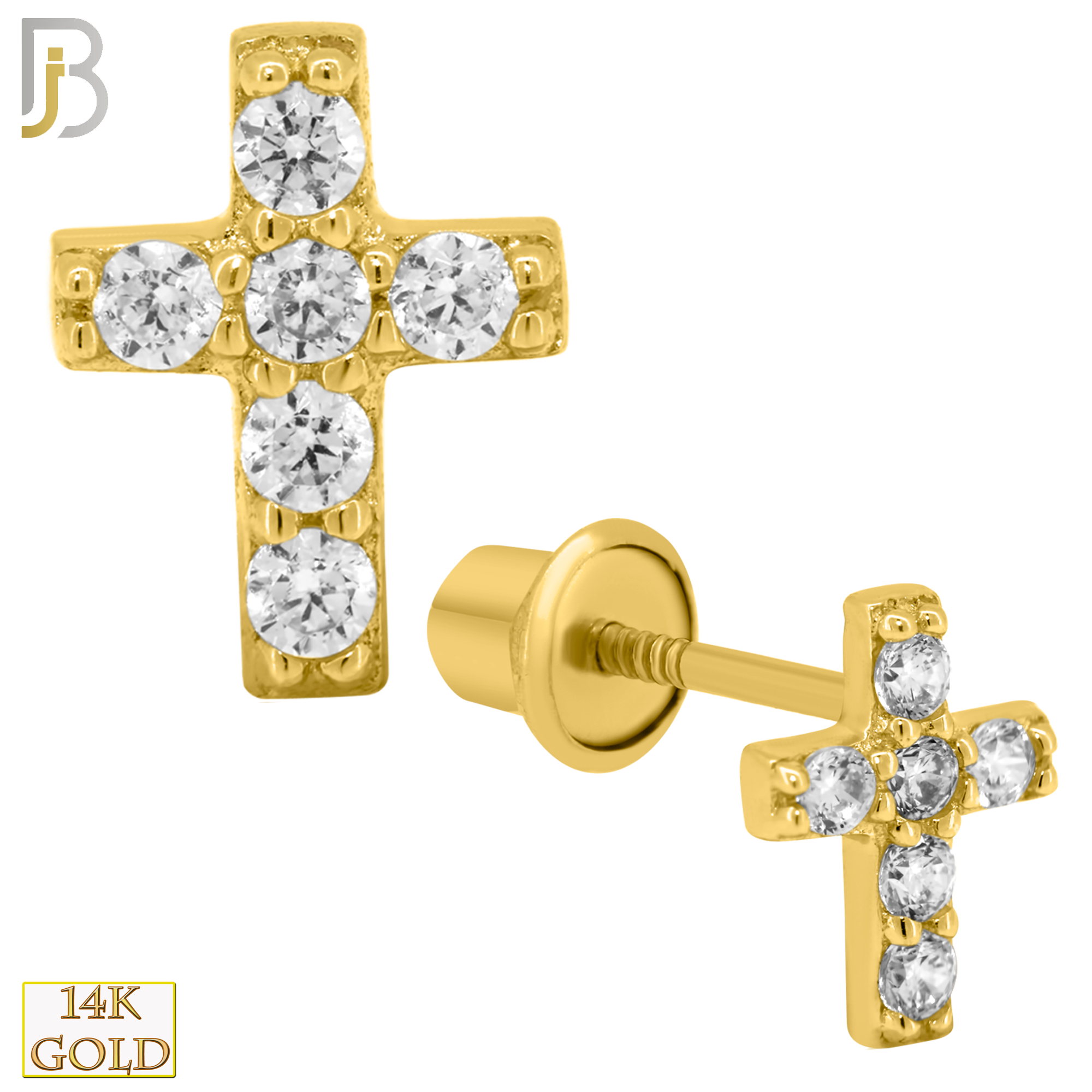 14-ES209 - 14k Solid Gold Cross Design Earring Stud with Clear Zircon image 0