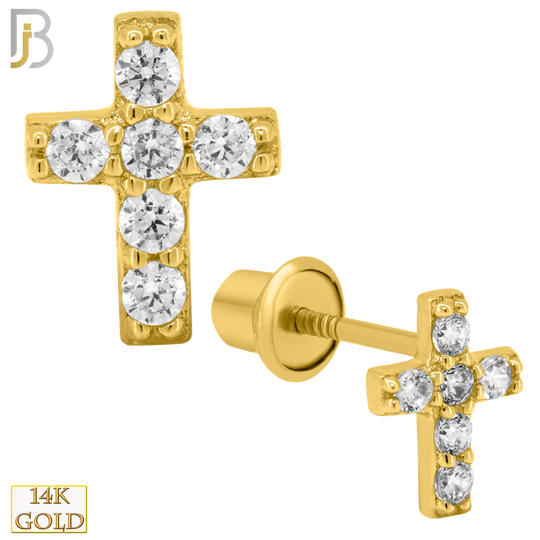 14-ES209 - 14k Solid Gold Cross Design Earring Stud with Clear Zircon image 0
