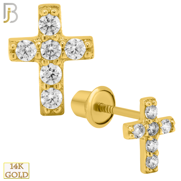 14-ES209 - 14k Solid Gold Cross Design Earring Stud with Clear Zircon image 0