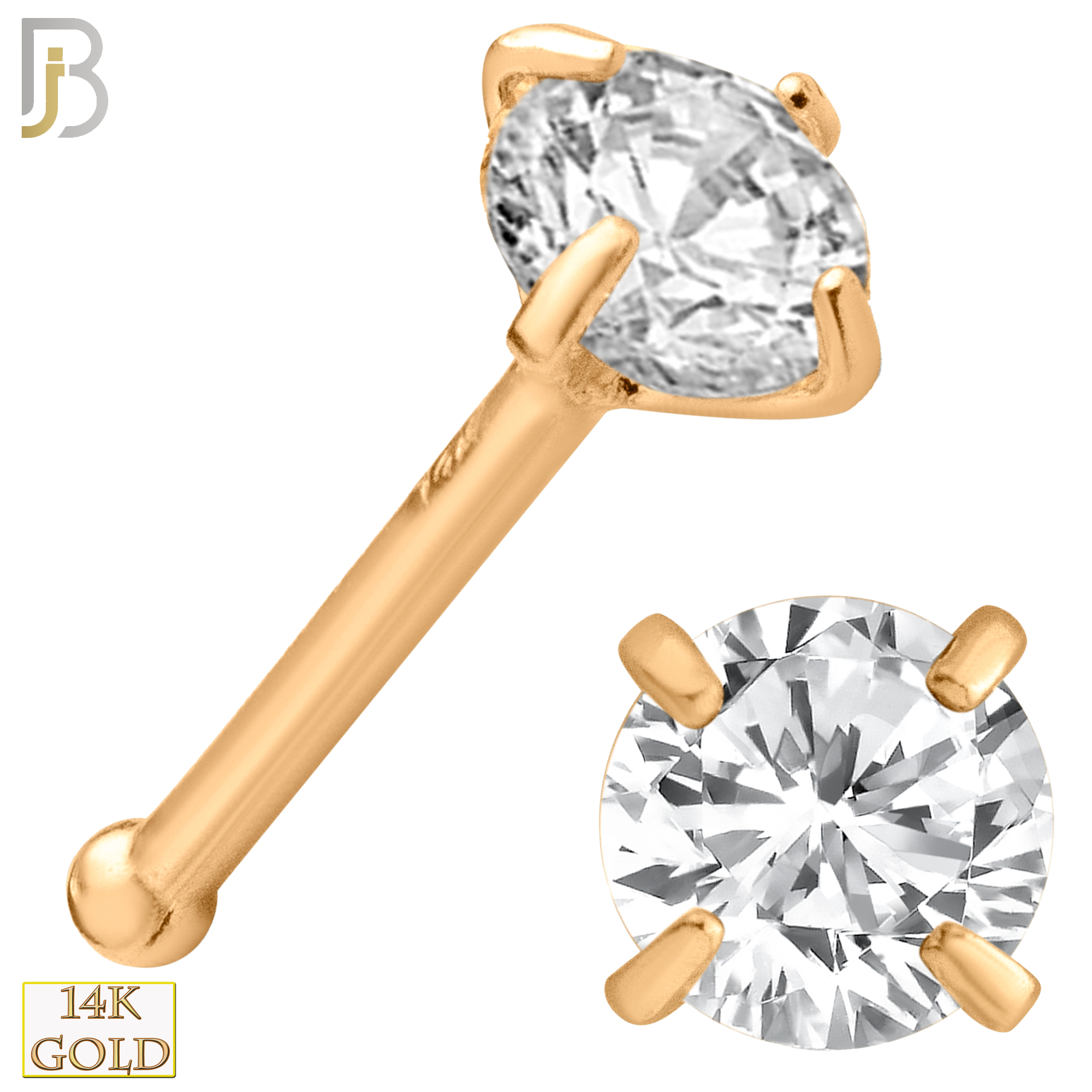 14-NR01CR-20 - 20g Thickness 14k Solid Rose Gold Prong Setting Round Cubic Zirconia Nose Bone - 3.5mm image