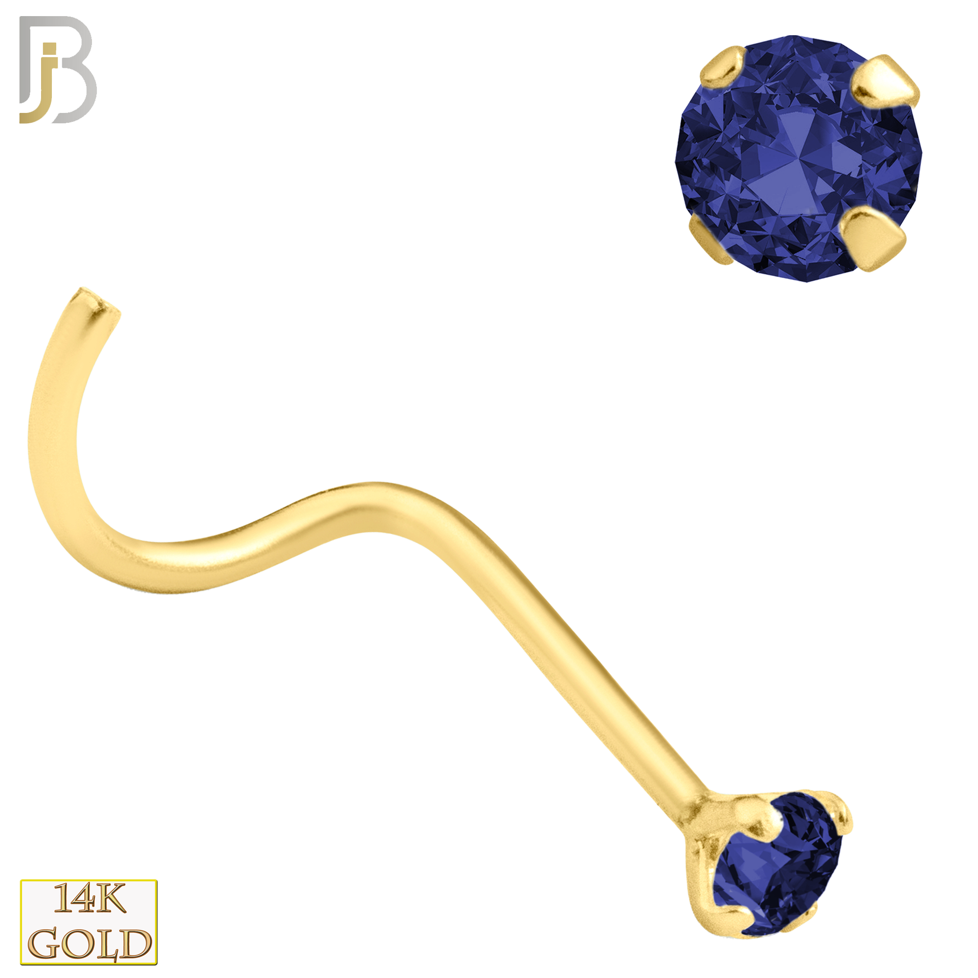 14-NR03CYS - 20g 14k Yellow Gold Nose Screw with Blue Sapphire Colored CZ - 2mm image
