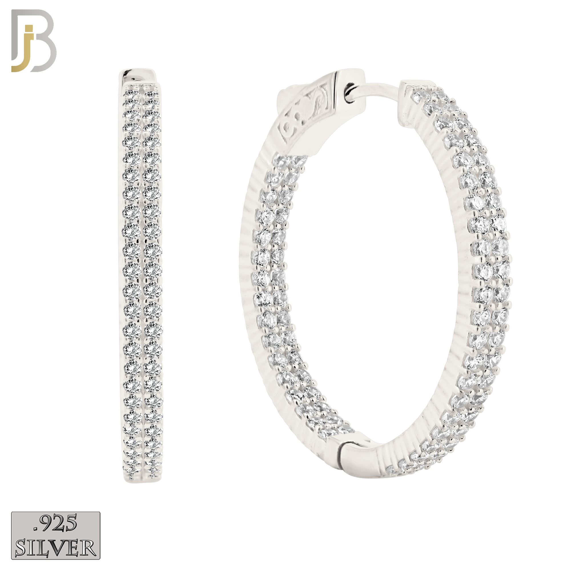 925-ES250 - .925 Sterling Silver Latch Back Hoop Earrings With Two Rows of Zircon image 0