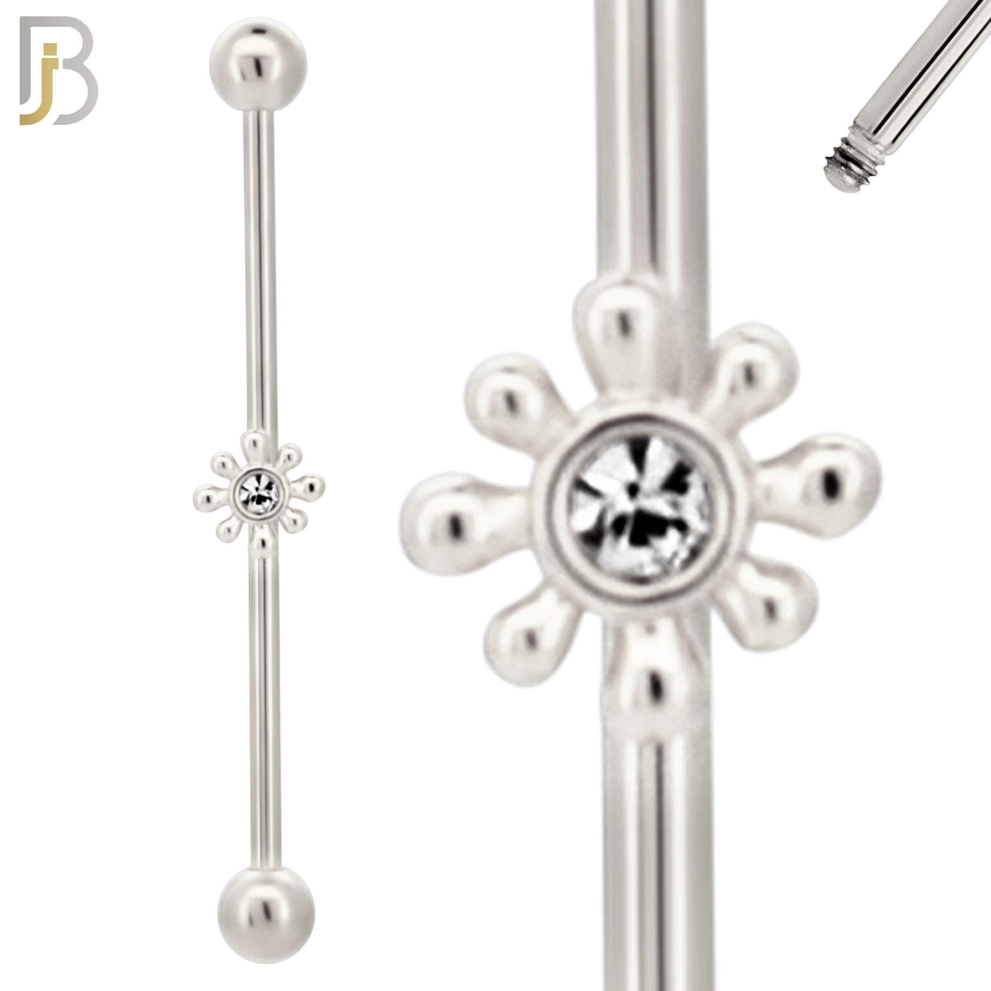 BB28 - 316L Surgical Steel Screw Bar with Brass Flower Design Barbell Industrial (PACK OF 4) image 1