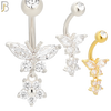 N053 - 316L Stainless Steel Dangling Butterfly with Flower Design Belly Ring with 5mm Screw Ball Top image 0