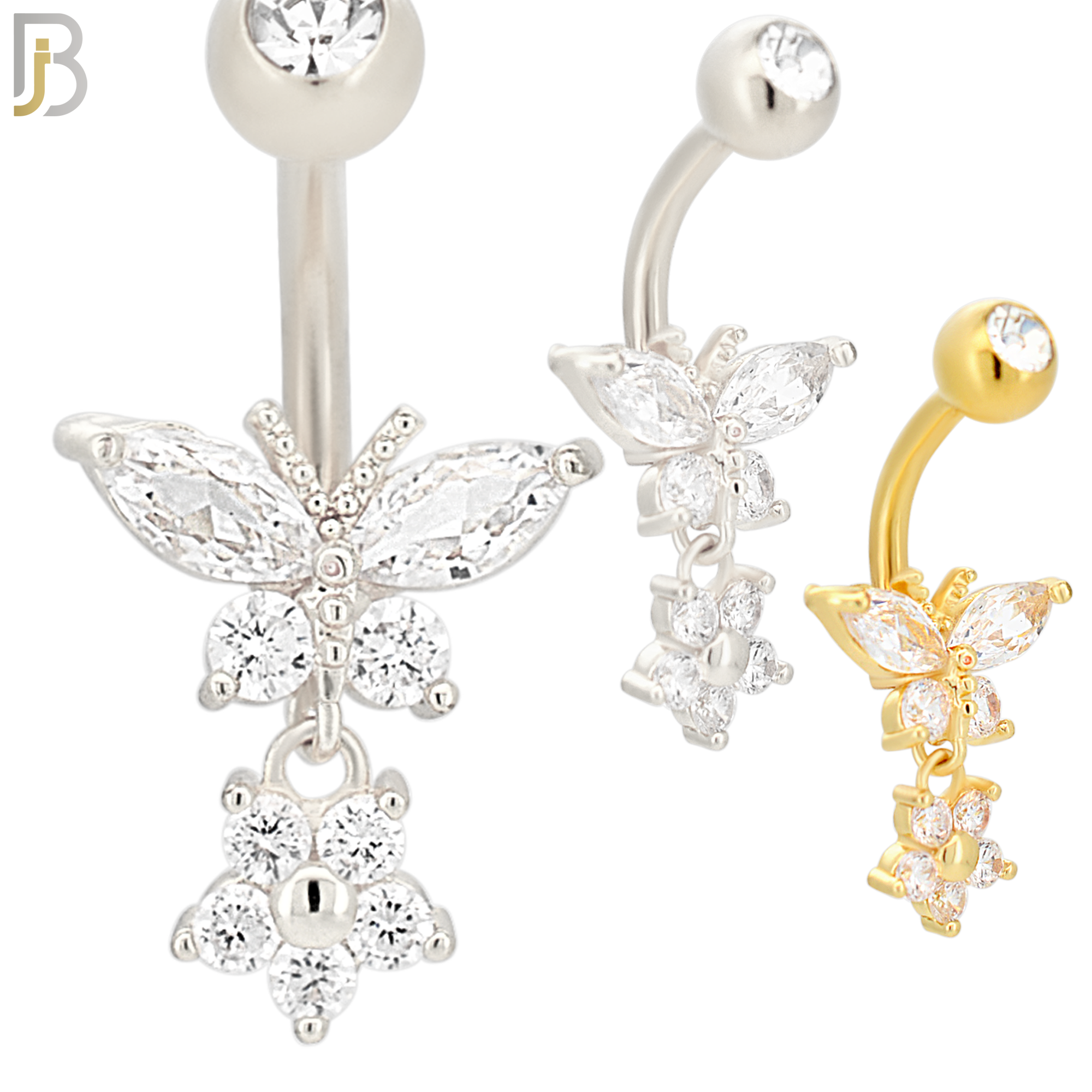 N053 - 316L Stainless Steel Dangling Butterfly with Flower Design Belly Ring with 5mm Screw Ball Top image 0