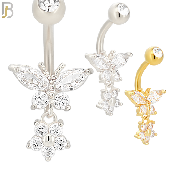 N053 - 316L Stainless Steel Dangling Butterfly with Flower Design Belly Ring with 5mm Screw Ball Top image 0